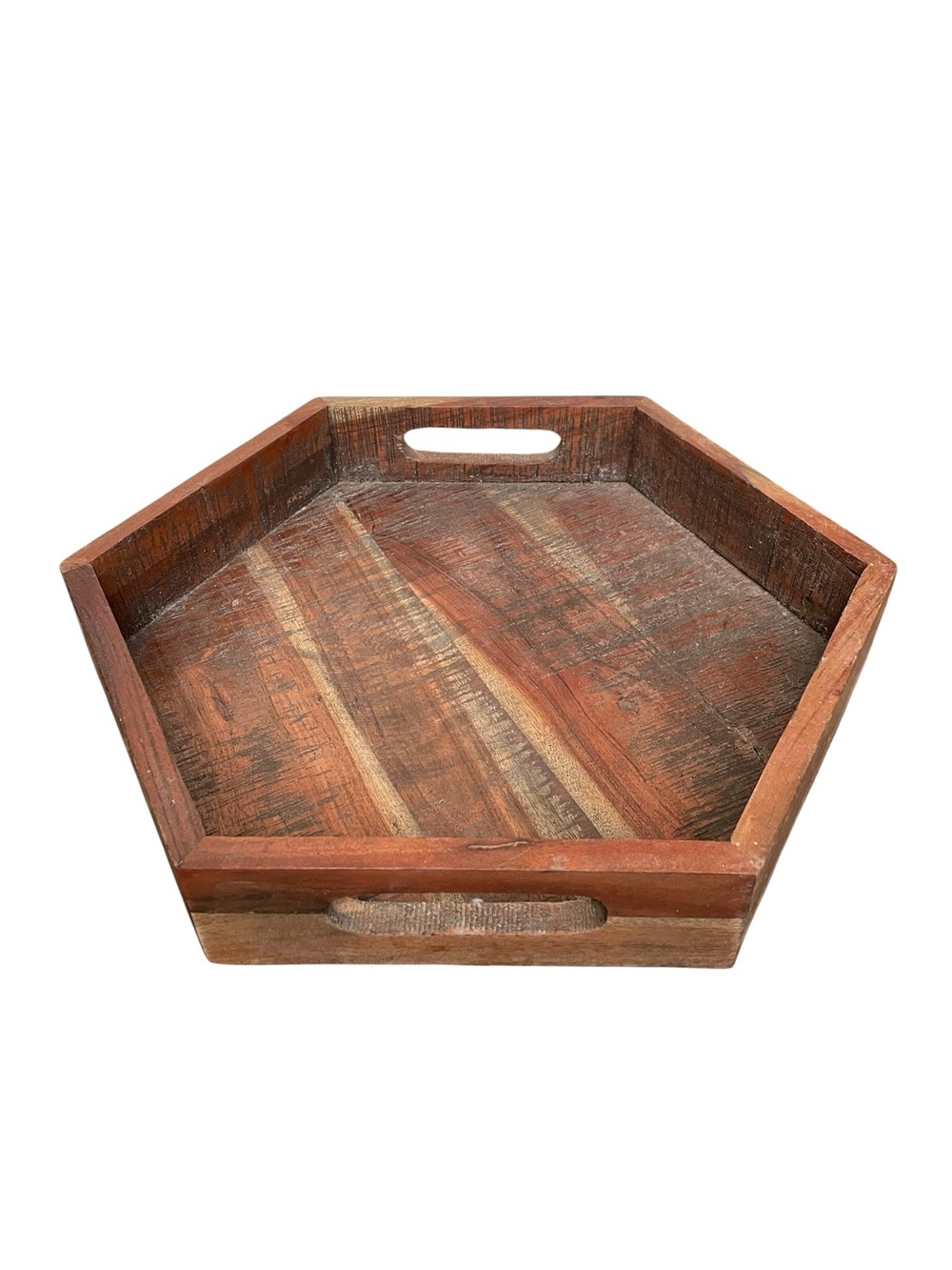 Rustic Acacia Wood Hexagon Serving Tray with Handles - Decorative Ottoman Tray
